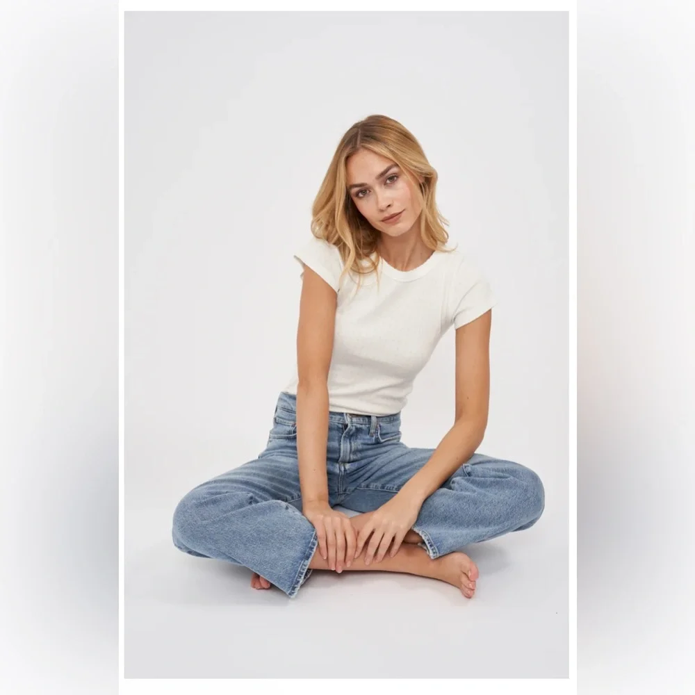 Marea by Liz Joy Classic White Pointelle Crewneck Tee Size L - Picture 2 of 4